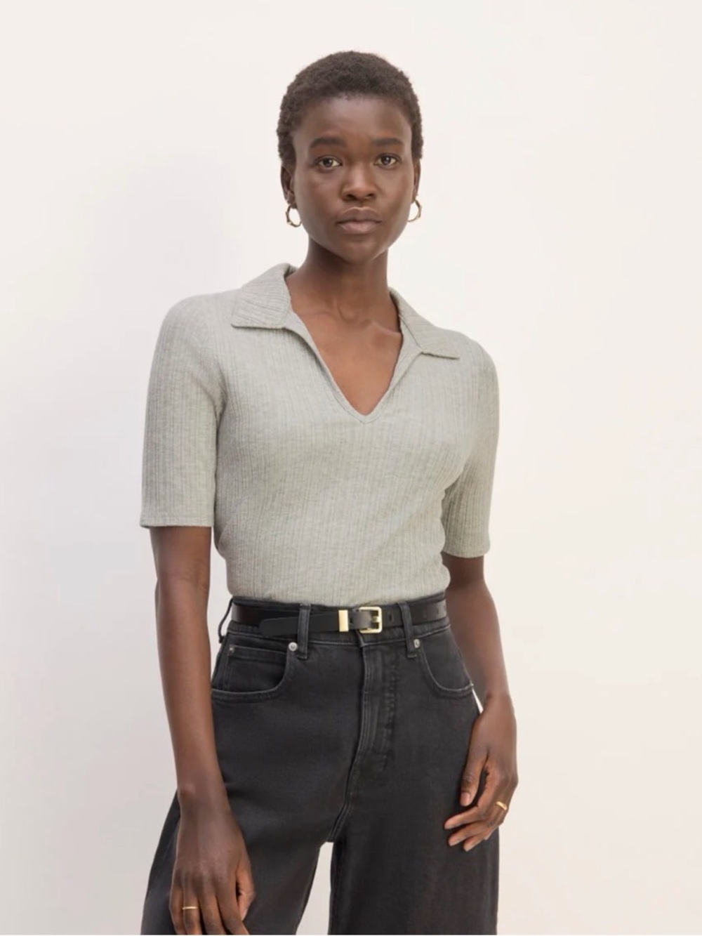 Everlane Light Gray Ribbed Short Sleeve Polo Tee
